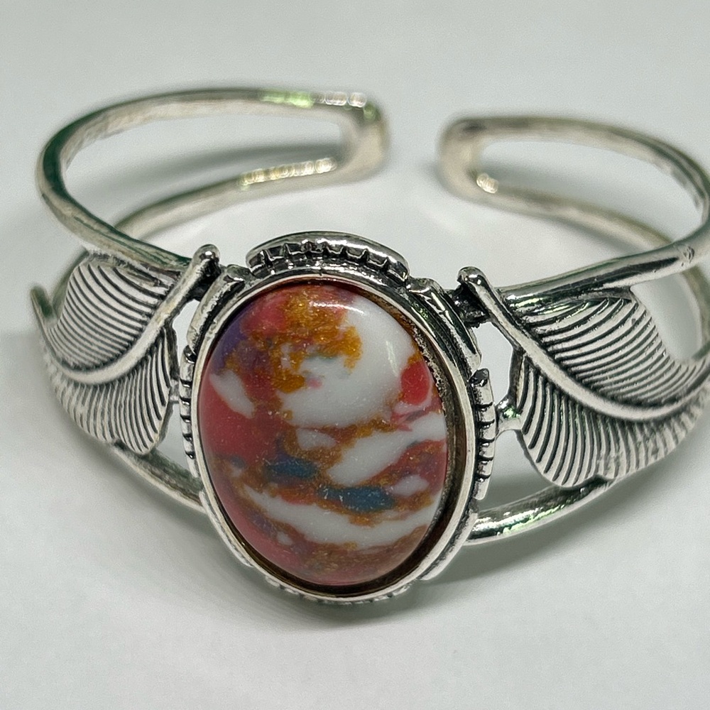 Silver Feather Cuff Bracelet with Multicolor Stone